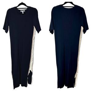 Autumn Cashmere Dress Knit Sheath Midi Short Sleeve Stripe Navy Blue White S